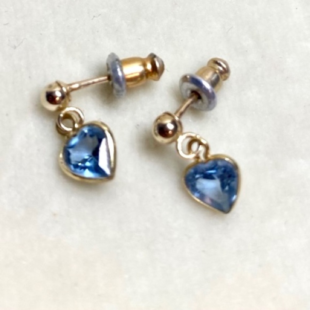 Like New Tiny Hearts Aquamarine + Gold Stud Earrings